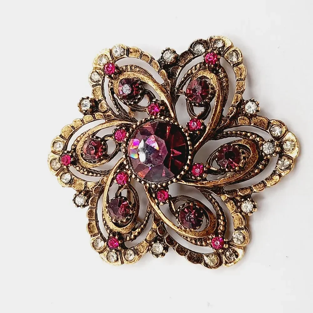Vintage ART Arthur Pepper Rhinestone Brooch Purple Pink Clear Floral Design